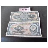 10 and 1 peso bank notes
