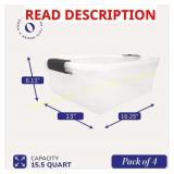 Homz 4-Pack Latching Lid Storage Bins 15.5 qt Gray