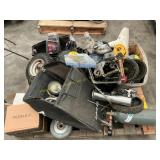 Pallet of boat motor parts, shower heads, wheels,
