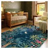 Lahome Midnight Jungle Rug, 5x7, Washable