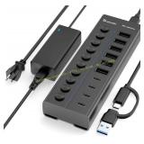 Powered USB Hub: 10-Port USB-C, 12V/5A, Black