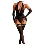 Sheer Mesh Bodysuit, 5pc Lingerie Set