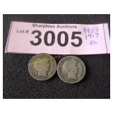 1903 and 1913 Barber silver dimes