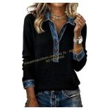 Womens Ribbed Henley Top with Denim Collar