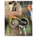 Assorted pans, plastic pitchers, soup ladles