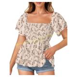 LYANER Square Neck Smocked Top, Short Sleeve xl