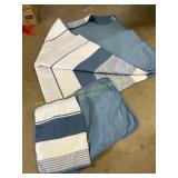 Blue, grey, and white Blanket and 2 pillow cases q
