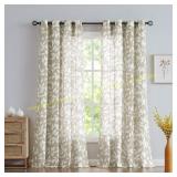 Leaf Semi Sheer Curtains - Taupe, White Leaves