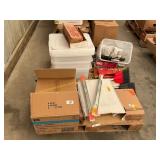 Plastic totes, brooms, hardware