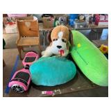 Stuffed animals, wooden chair, stand on scooter