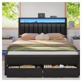 Queen Bed Frame with Storage Drawers, Grey