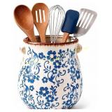 Ceramic Utensil Holder, Blue & White Crock