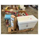 Plastic totes, clothing, pool accessories