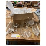 Crystal Glasses, Pitcher, Relish Trays, Etc