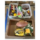 Assorted toys, Iowa footballs, straw toppers