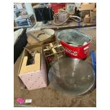 Dolls, tin, glass bowl