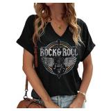 Women Vintage V-Neck Rock Guitar Graphic Tee