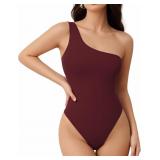 MANGOPOP One Shoulder Tank Bodysuit Burgundy S