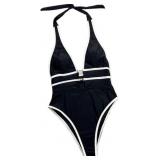 Solid One-Piece Swimsuit Deep V-Neck Women