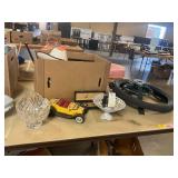 Antique Car, Crystal Basket, Tires, Hat, Etc