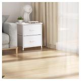 2-drawer white nightstand, wooden top, steel frame