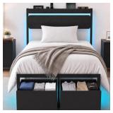 Twin Bed Frame with Drawers, LED Lights
