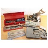 Tool Box Wih Assorted Tools, Drill Bits & Back Saw