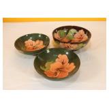3 Moorcroft Bowls - Green and Brown Glaze Hibiscus