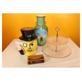 Serving Tray, Antique Cheese Box, Vase, Mr. Peanut