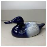 11" Vintage COBALT BLUE & WHITE CERAMIC DUCK