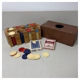 Vintage Poker Set with Wooden Chip Holder & Card