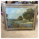 34"x28" Rustic Framed Painted Landscape Canvas