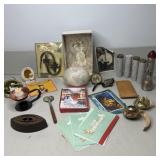 Table Lot- Leather Wallet, Oil Lamp Burners,