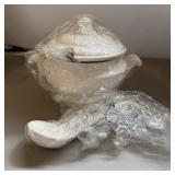 New White Floral Ceramic Soup Tureen & Spoon