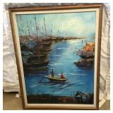 26x20 Framed Painted Canvas Chinese Junk Boat