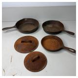 (3) Cast Iron Skillets 9" 6" 8" & (2) Cast Iron