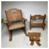 Childs Wood Rocking Chair, Miniature Wood Bench,