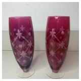 (2) 10" Cranberry Etched Glass Footed Vases