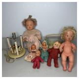 Vintage Dolls, Wood Lamp, Plastic Basket
