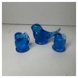 (3) Vintage Blue Bird of Happiness Glass Birds