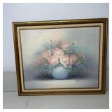 23x19 Vintage Signed Flowers In Vase Oil