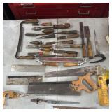 Assorted Wood Working Tools- Chisels, Hacksaw,