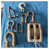 Vintage Wooden Pulley Block, Lifting Shackles,