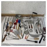 Assorted Kitchen Supplies- Whisks, Strainers,