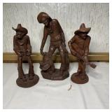 3- Red Mill Wood Carved Signed Cowboy Figures