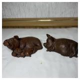 2- Red Mill Wood Carved Signed Pig Figures
