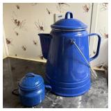 Blue Speckled Enamelware Camping Coffee Pot and