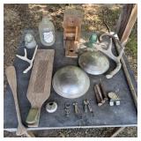 Table Lot- Antlers, Bird House, Wood Cane, Hub