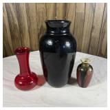 (3) Vases-Ruby Red Glass, Large Glossy Black, &