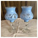 (2) Vintage Frosted Blue Boudoir Lamps on Candle